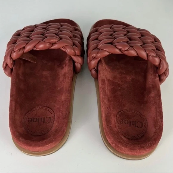 CHLOE RED BRAIDED LEATHER SLIDES - Picture 5 of 13